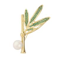 Freshwater Pearl Brooch, Brass, with Freshwater Pearl, Bamboo, gold color plated, micro pave cubic zirconia & for woman, green, nickel, lead & cadmium free, 48x31mm, Sold By PC