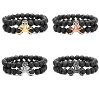 Gemstone Bracelets Lava with Brass Skull 2 pieces & Unisex & micro pave cubic zirconia 8mm Length Approx 7.48 Inch Sold By Set