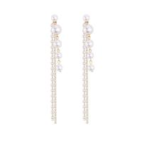 Tibetan Style Drop Earrings, with Plastic Pearl, gold color plated, fashion jewelry & for woman & with rhinestone, golden, nickel, lead & cadmium free, 117x12mm, Sold By Bag