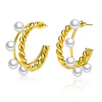 Stainless Steel Stud Earrings, 304 Stainless Steel, with Plastic Pearl, fashion jewelry & for woman, golden, 32.8*33mm,5.8mm, Sold By Pair