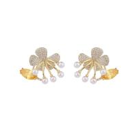Cubic Zirconia Micro Pave Brass Earring, with Plastic Pearl, Flower, plated, fashion jewelry & micro pave cubic zirconia & for woman, more colors for choice, nickel, lead & cadmium free, 25x22mm, Sold By Pair