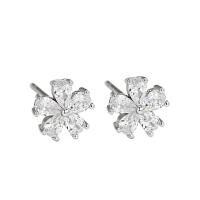 Cubic Zirconia Micro Pave Sterling Silver Earring 925 Sterling Silver Flower silver color plated micro pave cubic zirconia & for woman silver color 6mm Sold By Pair