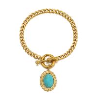 Titanium Steel Bracelet & Bangle, with turquoise, Vacuum Ion Plating, for woman, golden, 17x21mm, Length:Approx 7.87 Inch, Sold By PC