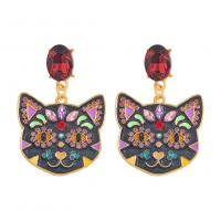 Rhinestone Earring Zinc Alloy Cat gold color plated fashion jewelry & for woman & enamel & with rhinestone Sold By Pair
