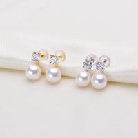 Freshwater Pearl Earrings, with Brass, Round, plated, for woman & with rhinestone, more colors for choice, 7-8mm, Sold By Pair