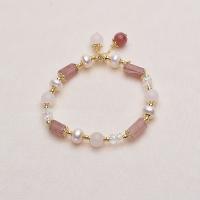 Freshwater Cultured Pearl Bracelet, Freshwater Pearl, with Carnelian & Crystal & Brass, gold color plated, for woman, white, Length:7.1 Inch, Sold By PC