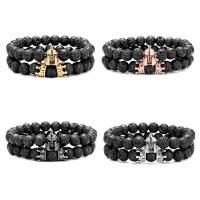 Gemstone Bracelets Lava with Brass 2 pieces & Unisex & micro pave cubic zirconia 8mm Length Approx 7.48 Inch Sold By Set