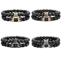 Gemstone Bracelets Lava with Brass Crown 2 pieces & Unisex & micro pave cubic zirconia 8mm Length Approx 7.48 Inch Sold By Set