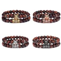Natural Tiger Eye Bracelets, with Brass, 2 pieces & Unisex & micro pave cubic zirconia, more colors for choice, 8mm, Length:Approx 7.48 Inch, Sold By Set