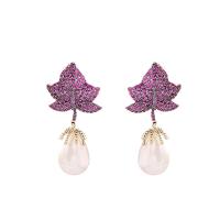 Cubic Zirconia Micro Pave Brass Earring with Plastic Pearl Leaf real gold plated fashion jewelry & micro pave cubic zirconia & for woman fuchsia nickel lead & cadmium free Sold By Pair