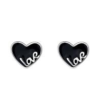 925 Sterling Silver Stud Earrings Heart platinum plated for woman & enamel black 8mm Sold By Pair