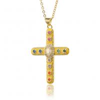 Cubic Zircon Micro Pave Brass Necklace, Cross, gold color plated, micro pave cubic zirconia & for woman & enamel, more colors for choice, 9x15mm, Length:Approx 17.7 Inch, Sold By PC