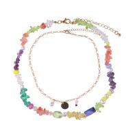 Multi Layer Necklace, Tibetan Style, with ABS Plastic Pearl & Gemstone, gold color plated, 2 pieces & fashion jewelry & for woman, multi-colored, Length:44.8-54.1 cm, Sold By Set