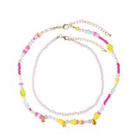 Mode-Multi-Layer-Halskette, Zinklegierung, mit ABS-Kunststoff-Perlen & Harz, goldfarben plattiert, 2 Stück & Modeschmuck & für Frau, farbenfroh, Länge:41.2-51.4 cm, verkauft von setzen