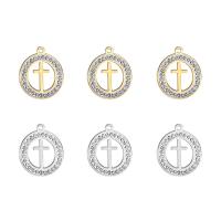 Stainless Steel Cross Pendants, 304 Stainless Steel, Flat Round, Vacuum Ion Plating, Unisex & with rhinestone & hollow, more colors for choice, 20x28mm, Approx 10PCs/Bag, Sold By Bag