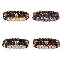 Natural Tiger Eye Bracelets, with Brass, 2 pieces & Unisex & micro pave cubic zirconia, more colors for choice, 8mm, Length:Approx 7.48 Inch, Sold By Set