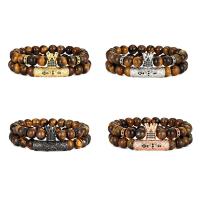 Natural Tiger Eye Bracelets with Brass 2 pieces & Unisex & micro pave cubic zirconia 8mm Length Approx 7.48 Inch Sold By Set