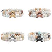 Natural Amazonite Bracelets, ​Amazonite​, with Brass, 2 pieces & Unisex & micro pave cubic zirconia, more colors for choice, 8mm, Length:Approx 7.48 Inch, Sold By Set