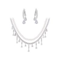 Cubic Zirconia Micro Pave Brass Jewelry Sets, earring & necklace, with Resin Pearl, with 10cm extender chain, real gold plated, fashion jewelry & different styles for choice & micro pave cubic zirconia & for woman, silver color, nickel, lead & cadmium free, 10x49mm, Length:32 cm, Sold By PC