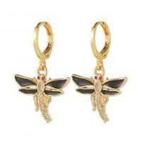 Huggie Hoop Drop Earring Brass Dragonfly gold color plated micro pave cubic zirconia & for woman & enamel Sold By Pair