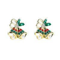 Christmas Earrings, Tibetan Style, with Plastic Pearl, Bell, gold color plated, Christmas Design & for woman & enamel & with rhinestone, 20x25mm, Sold By Pair