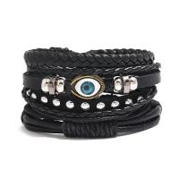 Evil Eye Jewelry Bracelet, PU Leather, with Tibetan Style bead & Wax Cord & Copper Coated Plastic, 4 pieces & for man, black, Length:Approx 7.08 Inch, Sold By Set