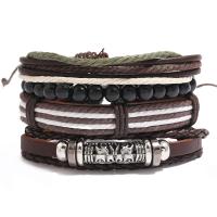 Wrap Bracelet, PU Leather, with Wax Cord & Wood & Copper Coated Plastic & Tibetan Style, 4 pieces & for man, coffee color, Length:Approx 7.08 Inch, Sold By Set