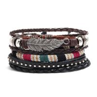 Wrap Bracelet PU Leather with Wax Cord & Copper Coated Plastic & Zinc Alloy 3 pieces & 4 pieces & for man black Length Approx 7.08 Inch Sold By Set