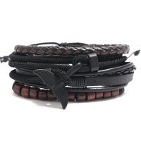 Wrap Bracelet, PU Leather, with Milan Cord & Wax Cord & Wood & Tibetan Style, 4 pieces & for man, black, Length:Approx 7.08 Inch, Sold By Set