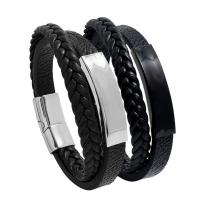 PU Leather Cord Bracelets with Titanium Steel & for man black Sold By Set