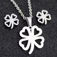 Fashion Stainless Steel Jewelry Sets Stud Earring & necklace 304 Stainless Steel Four Leaf Clover 2 pieces & fashion jewelry & for woman original color 20mm 10mm Length Approx 17.72 Inch Sold By Set