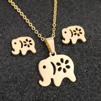 Fashion Stainless Steel Jewelry Sets, Stud Earring & sweater chain necklace, 304 Stainless Steel, Elephant, Vacuum Plating, 2 pieces & fashion jewelry & for woman, golden, 17*19mm,12*9mm, Length:Approx 17.72 Inch, Sold By Set