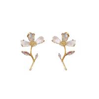 Cubic Zirconia Micro Pave Brass Earring, Flower, real gold plated, micro pave cubic zirconia & for woman, gold, 28x19mm, Sold By Pair