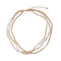 Collier de mode Multi couche, alliage de zinc, avec Plastique ABS perle, Placage de couleur d'or, trois couches & bijoux de mode & pour femme, deux couleurs différentes, Longueur:40.5-59.2 cm, Vendu par PC