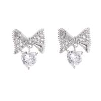 Brass Drop Earring Bowknot plated for woman & with rhinestone nickel lead & cadmium free Sold By Pair