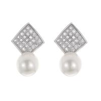 Cubic Zirconia Micro Pave Brass Earring with Cubic Zirconia & Plastic Pearl Round plated for woman nickel lead & cadmium free Sold By Pair
