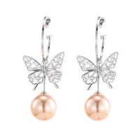 Cubic Zirconia Micro Pave Brass Earring with Cubic Zirconia & Plastic Pearl Butterfly platinum plated for woman nickel lead & cadmium free Sold By Pair