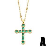 Cubic Zircon Micro Pave Brass Necklace with 2 extender chain Cross 18K gold plated & micro pave cubic zirconia & for woman green nickel lead & cadmium free Length 16.9 Inch Sold By PC