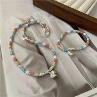 925 Sterling Silver Jewelry Sets bracelet & necklace with Seedbead polished & for woman multi-colored Sold By Lot