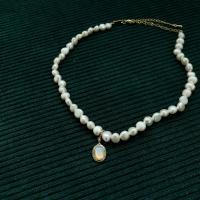 Freshwater Pearl Brass Necklace with Moonstone & Brass real gold plated Korean style & for woman Length Approx 16 Inch Sold By PC