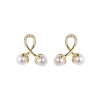 Cubic Zirconia Micro Pave Brass Earring, with Plastic Pearl, gold color plated, micro pave cubic zirconia & for woman, 16x17mm, 5Pairs/Lot, Sold By Lot