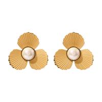 Stainless Steel Stud Earrings, 304 Stainless Steel, with ABS Plastic Pearl, Vacuum Ion Plating, fashion jewelry & for woman, golden, 38x36mm, Sold By Pair