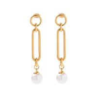 Stainless Steel Drop Earring, 304 Stainless Steel, with ABS Plastic Pearl, Vacuum Ion Plating, fashion jewelry & for woman, golden, 67.33x12.40mm, Sold By Pair