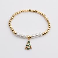 Christmas Holiday Bracelet, Brass, with Plastic Pearl, gold color plated, Christmas Design & Unisex & different styles for choice & micro pave cubic zirconia & enamel, mixed colors, nickel, lead & cadmium free, Length:7.1 Inch, Sold By PC