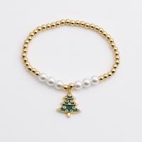 Christmas Holiday Bracelet Brass with Plastic Pearl gold color plated Christmas Design & Unisex & micro pave cubic zirconia & enamel mixed colors nickel lead & cadmium free Length 7.1 Inch Sold By PC