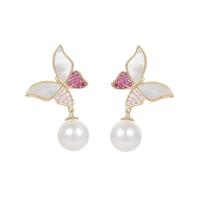 Cubic Zirconia Micro Pave Brass Earring with Resin Pearl & White Shell Butterfly real gold plated fashion jewelry & micro pave cubic zirconia & for woman nickel lead & cadmium free Sold By Pair