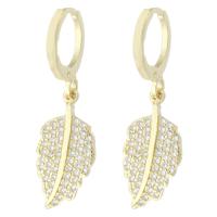 Cubic Zirconia Micro Pave Brass Earring, Leaf, gold color plated, micro pave cubic zirconia & for woman, 32mm, Sold By Pair