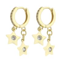 Boucles d'oreilles en laiton zircon cubique pavent, étoile, Placage de couleur d'or, pavé de micro zircon & pour femme, 29mm, Vendu par paire
