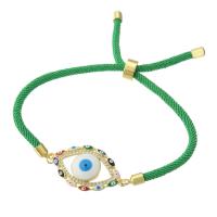 Evil Eye Jewelry Bracelet, Brass, with Polyester Cord, gold color plated, Adjustable & dyed & micro pave cubic zirconia & for woman & enamel, green, Length:Approx 9 Inch, Sold By PC