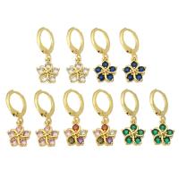 Huggie Hoop Drop Earring Brass Flower gold color plated micro pave cubic zirconia & for woman 25mm Sold By Pair